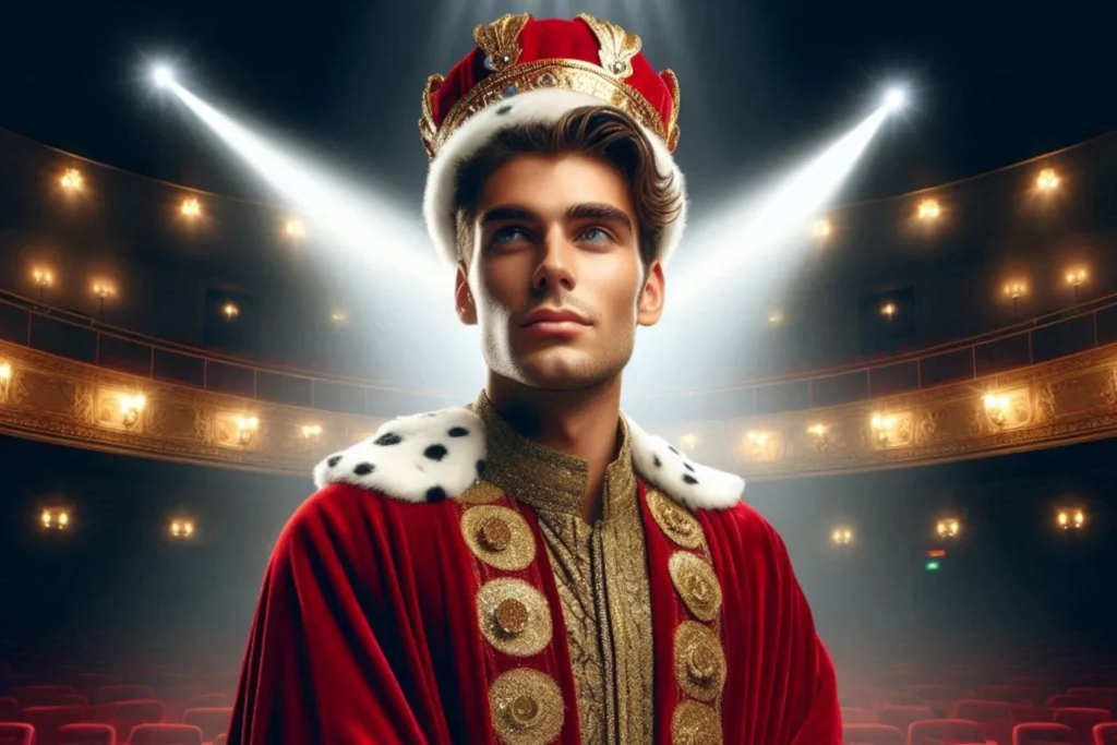 A imagem mostra uma pessoa vestindo um manto real vermelho e dourado com bordas de pele branca e manchas pretas, além de uma coroa dourada com joias vermelhas. A pessoa está em pé em um local que parece ser um teatro ou casa de ópera, como indicado pelos assentos vermelhos e varandas douradas ornamentadas. O fundo está pouco iluminado, destacando o sujeito com holofotes vindos de cima.