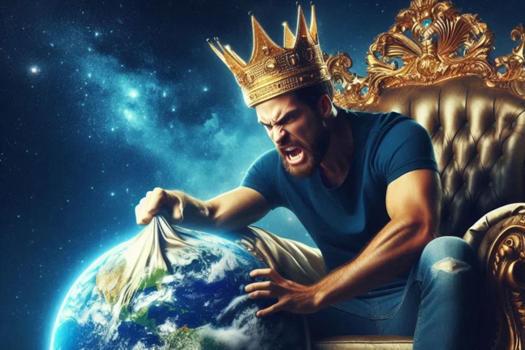 A imagem mostra uma pessoa sentada em um trono dourado ornamentado, vestindo uma camiseta azul e jeans, com uma grande coroa dourada na cabeça. A pessoa está segurando a Terra na mão direita, com o continente norte-americano visível. O fundo é composto por um céu noturno estrelado, adicionando um toque de grandiosidade à cena. Esta imagem pode ser interessante ou relevante devido à sua representação de poder e domínio sobre o planeta, muitas vezes usada metaforicamente para discutir o impacto humano na Terra ou papéis de liderança.