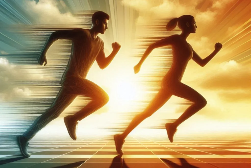 A imagem mostra duas figuras humanas, um homem e uma mulher, correndo lado a lado. O fundo é dinâmico, com cores vibrantes, como laranja e dourado, sugerindo movimento e velocidade. A composição transmite uma sensação de energia e competição, com efeitos gráficos que dão a impressão de velocidade, como linhas e distorções ao redor dos corredores.