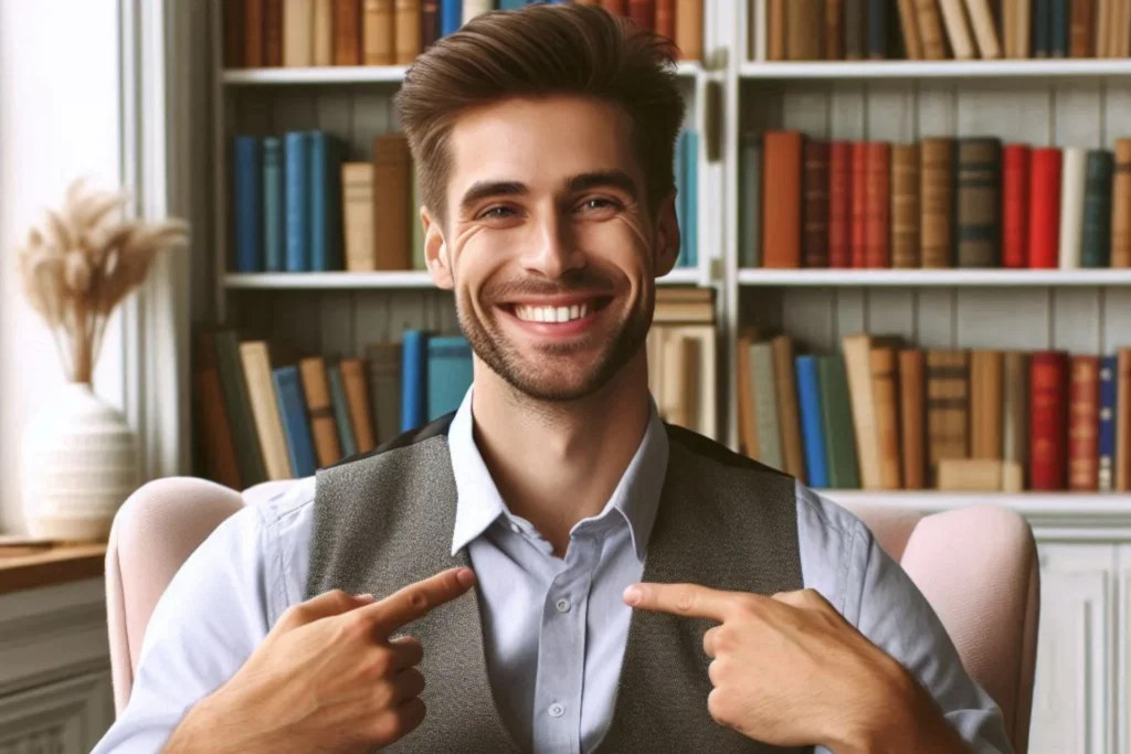 A imagem mostra uma pessoa sentada em frente a uma estante cheia de livros. A pessoa está vestindo uma camisa branca e um colete cinza, e está apontando para si mesma com os dois dedos indicadores.